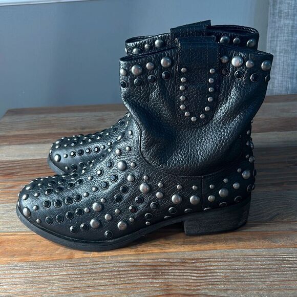 Mia MLE black leather studded cowboy boots‎ bling western cowgirl ankle boot - Picture 1 of 8